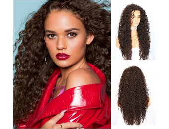 Pruik krullend synthetisch lace front bruin 66 cm - Hittebestendig, 150% dichtheid