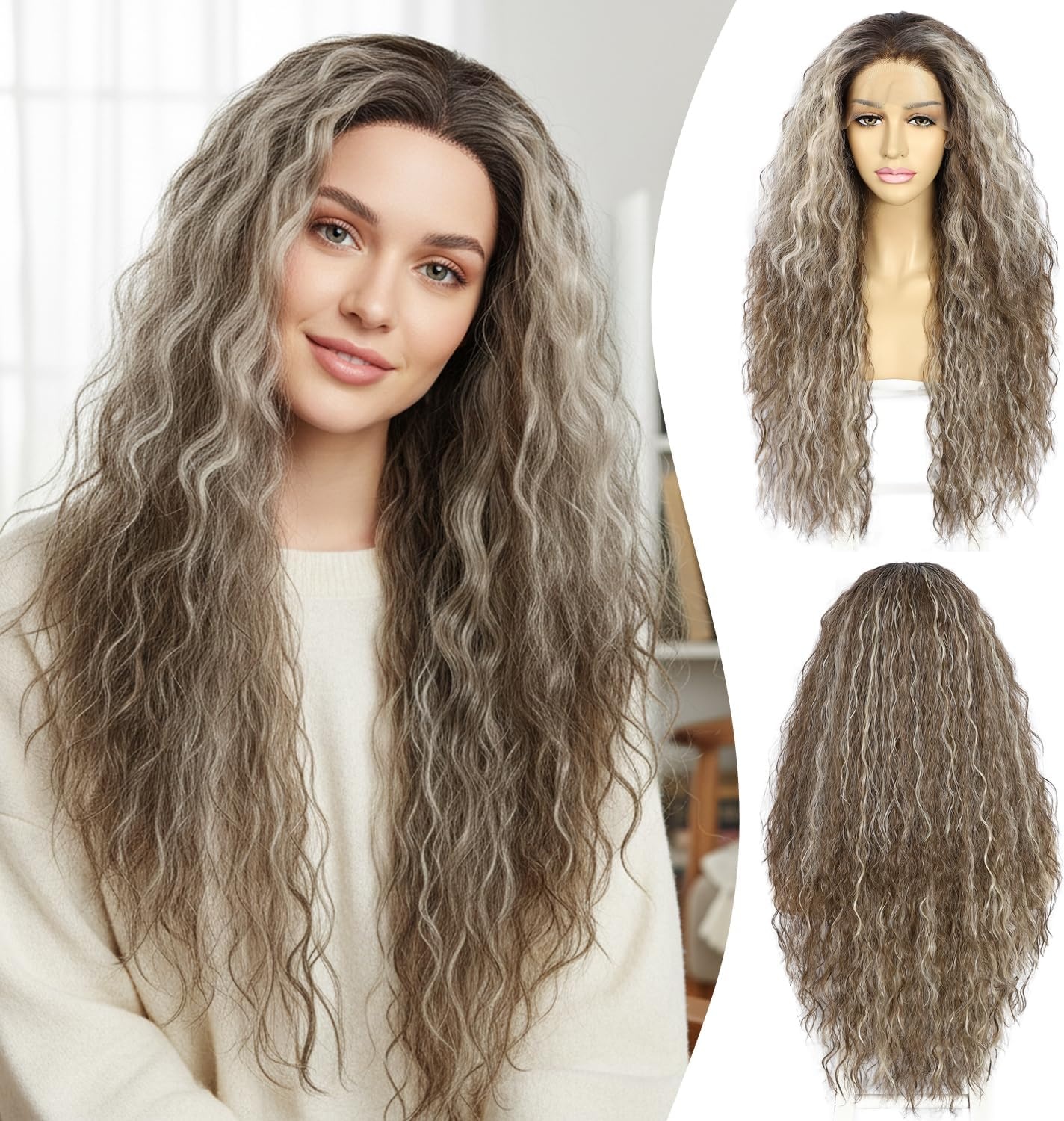 Pruik krullend synthetisch lace front bruin 66 cm - Hittebestendig, 150% dichtheid