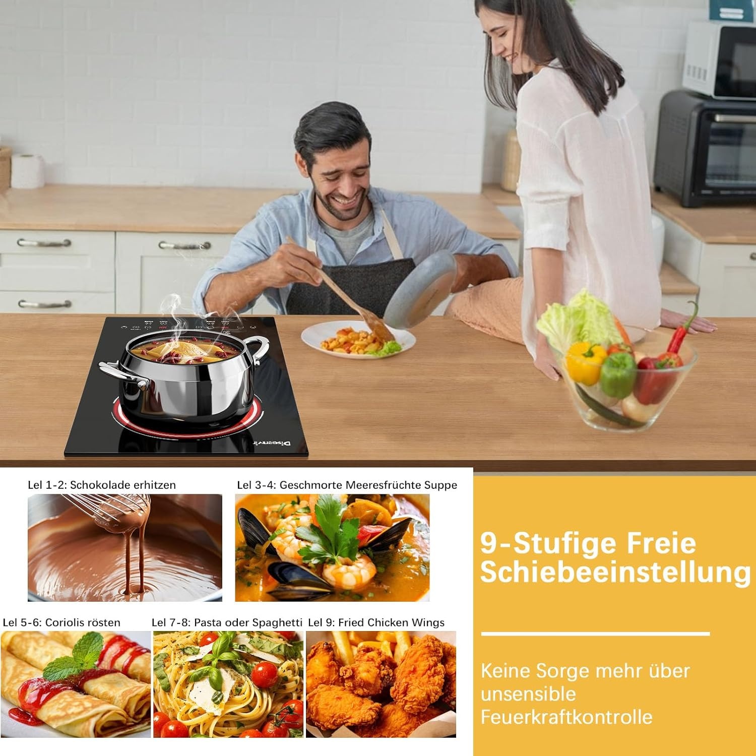 Keramische inbouw kookplaat 2 pitten 3000W met aanraakbediening, pauzefunctie, 9 vermogensstanden en timer