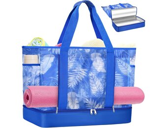 Grote Strandtas Dames met Koelvak - Blauw Bladpatroon (34% Korting!)