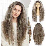 Synthetische lace front pruik krullend ombre grijs voor vrouwen, hittebestendig, 66,1 cm, 13x3 cm kant