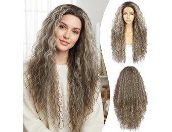 Synthetische lace front pruik krullend ombre grijs voor vrouwen, hittebestendig, 66,1 cm, 13x3 cm kant