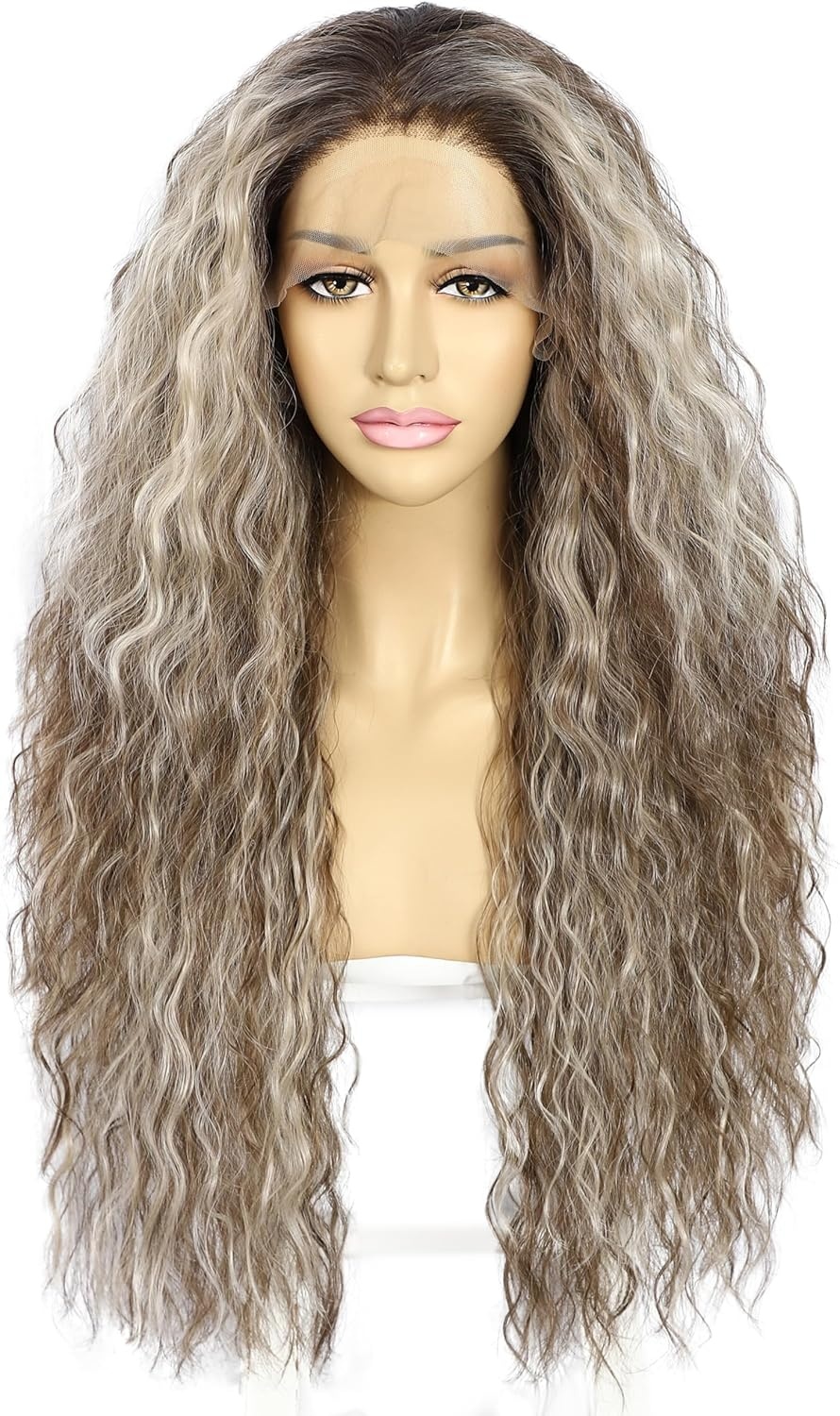 Synthetische lace front pruik krullend ombre grijs voor vrouwen, hittebestendig, 66,1 cm, 13x3 cm kant