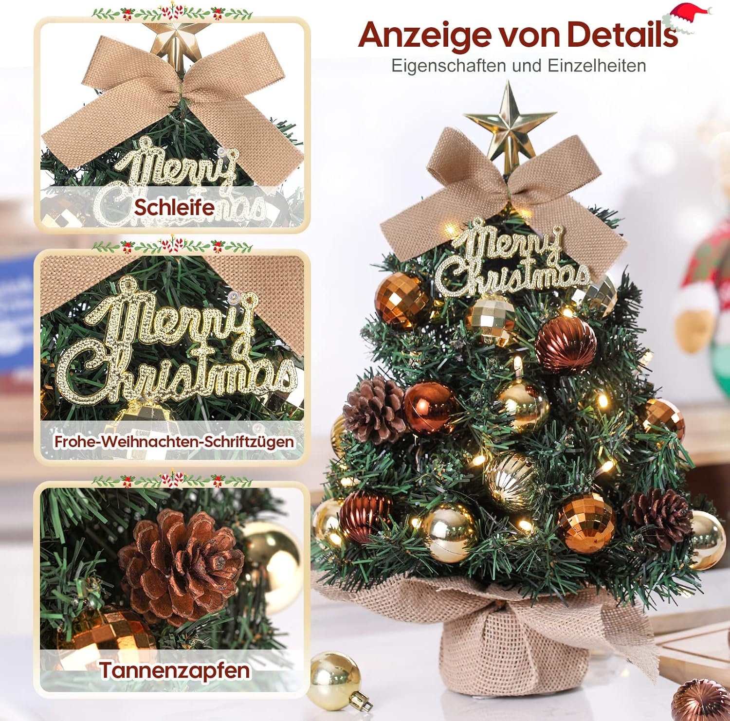 Mini Tafelkerstboom met LED verlichting en kerstversiering, 40 cm, bruin met goud