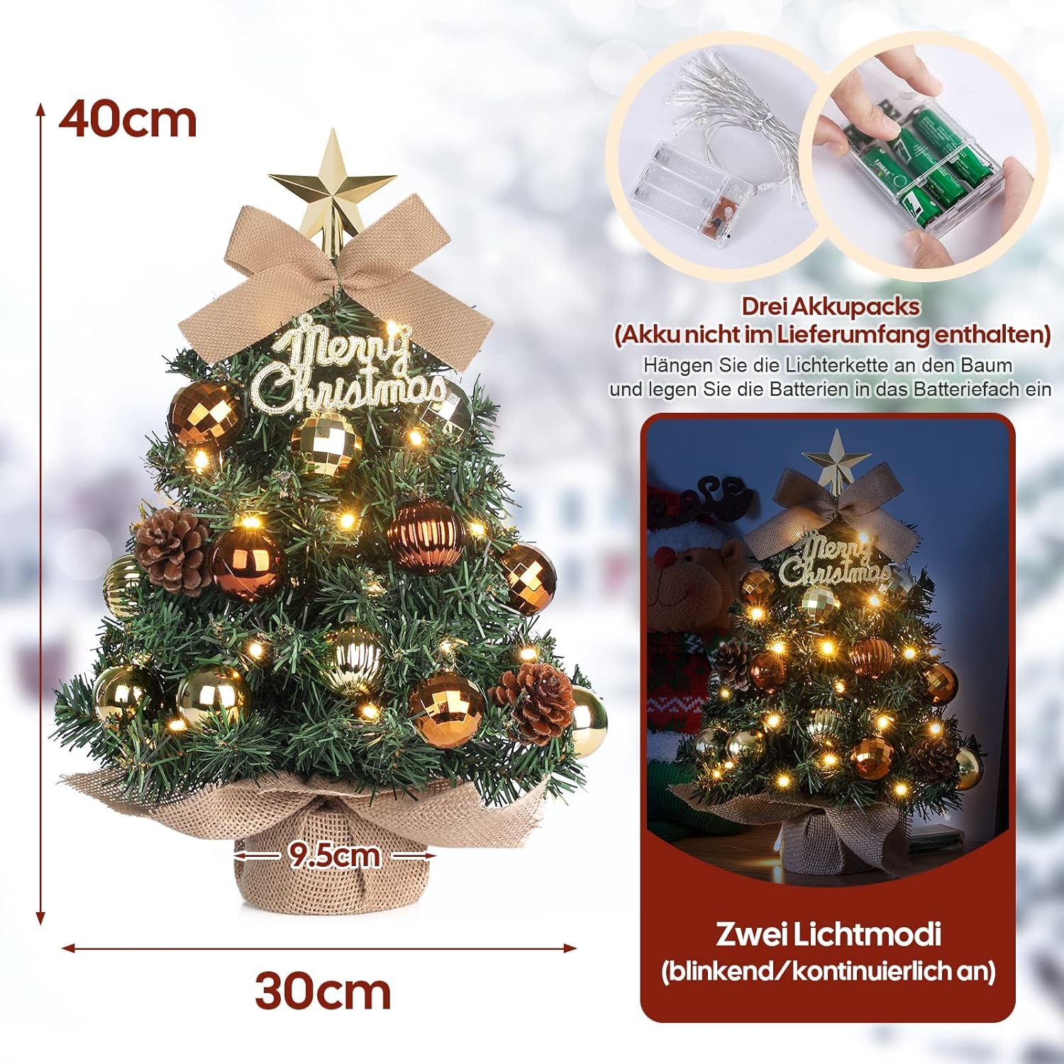 Mini Tafelkerstboom met LED verlichting en kerstversiering, 40 cm, bruin met goud