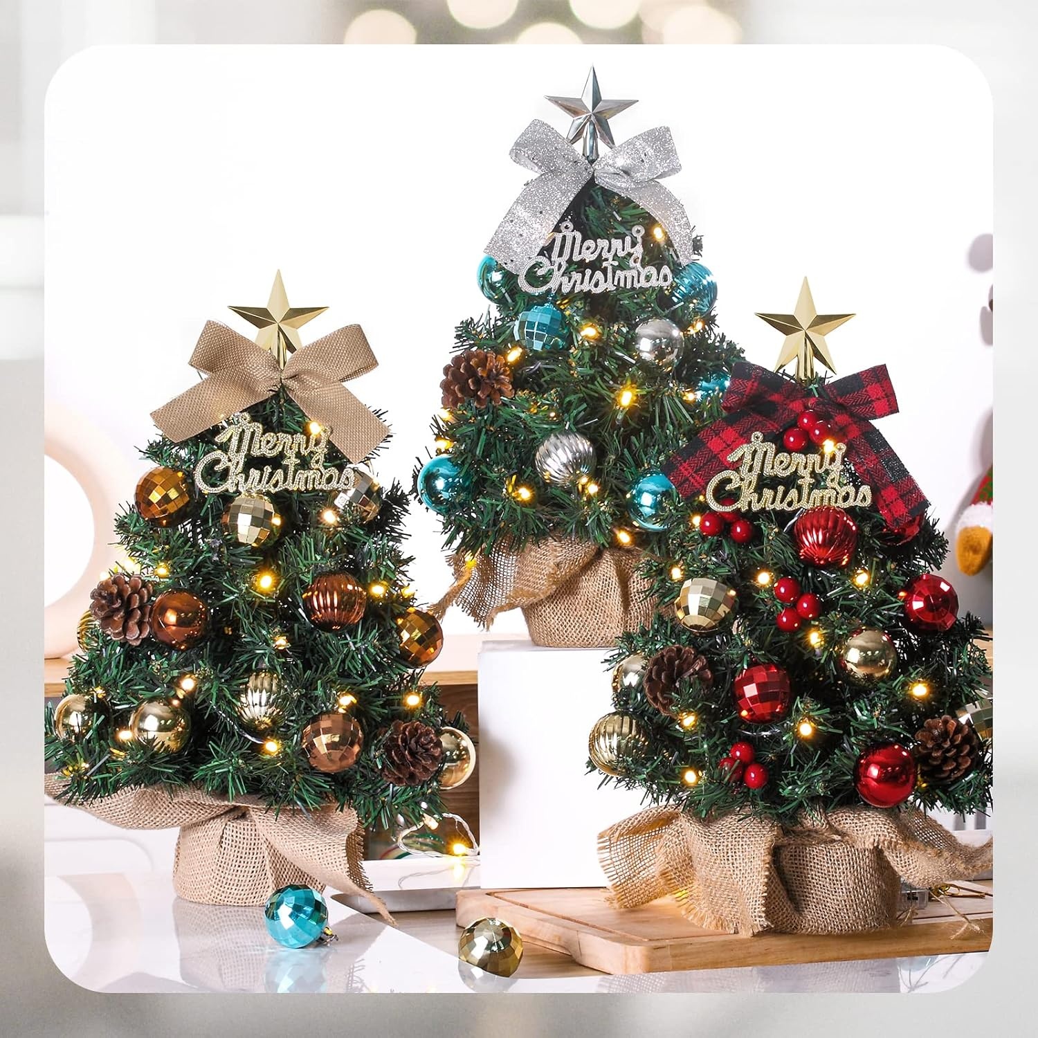 Mini Tafelkerstboom met LED verlichting en kerstversiering, 40 cm, bruin met goud