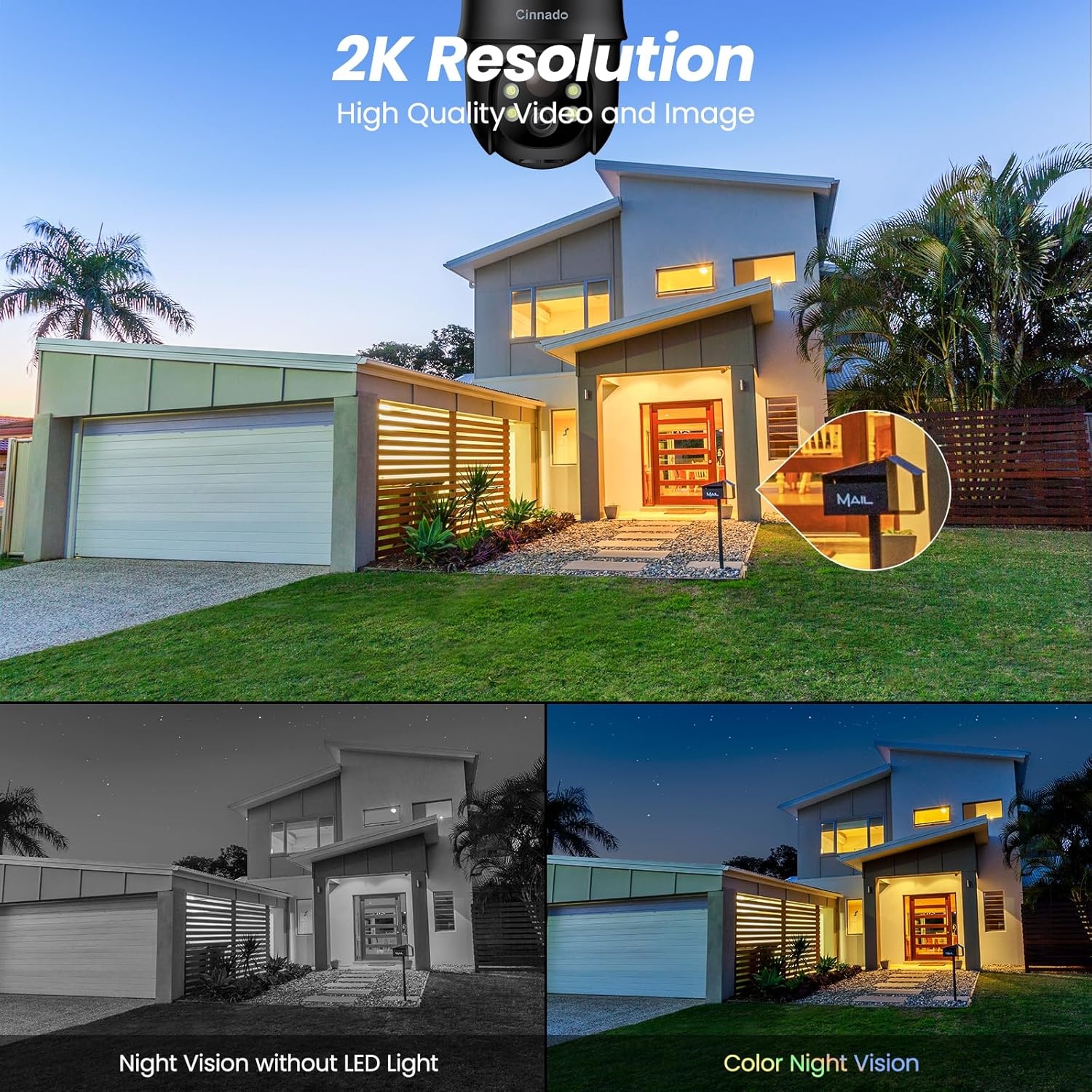 Draadloze Buitencamera met Zonnepaneel, 2K Resolutie, 360° Pan/Tilt, Kleur Nachtzicht, PIR Alarm, IP65 Waterdicht