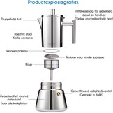 Moka pot espressomaker roestvrijstaal 520ml 12 kopjes, geschikt voor inductie en alle kookplaten