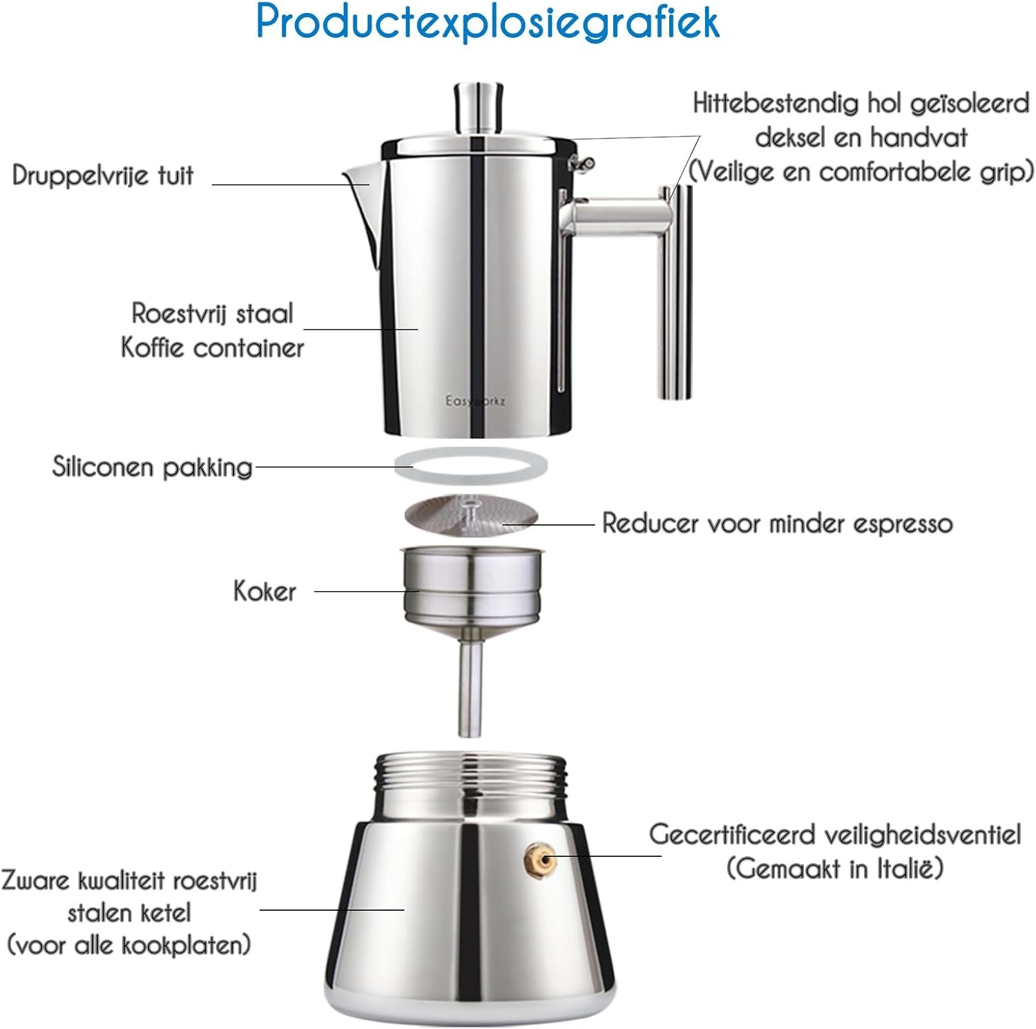 Moka pot espressomaker roestvrijstaal 520ml 12 kopjes, geschikt voor inductie en alle kookplaten