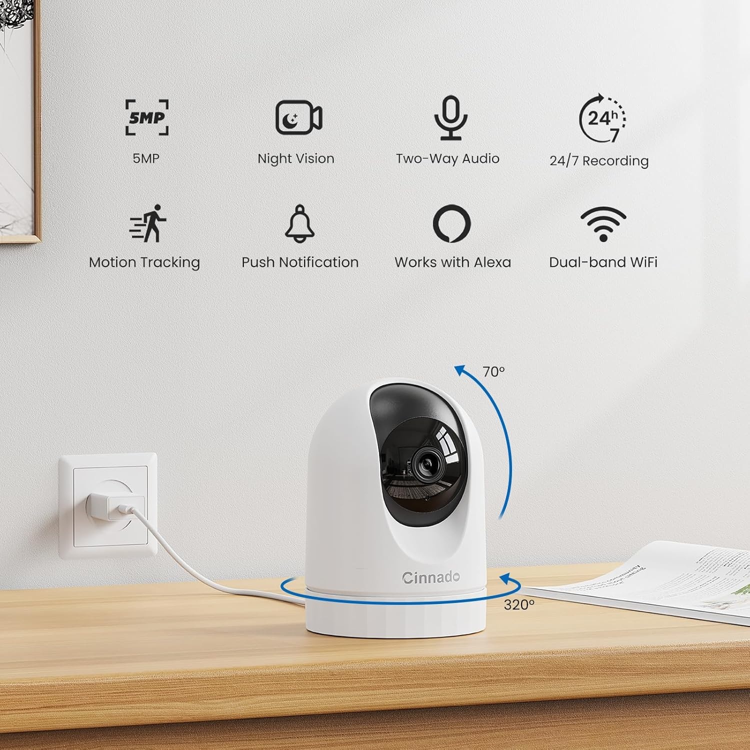 WLAN Beveiligingscamera Indoor 5MP 360° Dual-band met Kleur Nachtzicht, Bewegingstracking & Alexa, geschikt als Babyfoon of Huisdiercamera