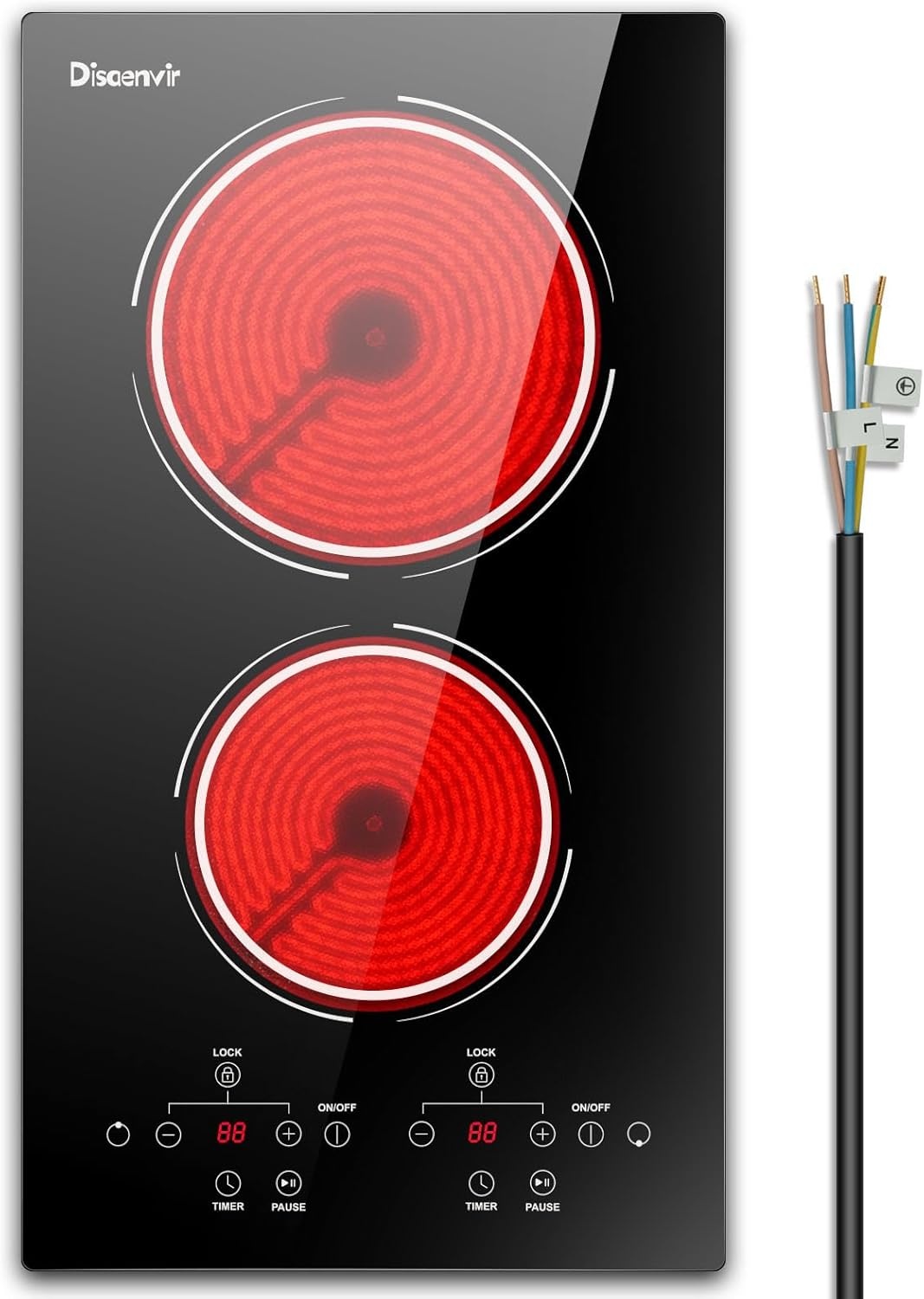 Inductiekookplaat 2 pitten inbouw, keramisch, 3000W, met pauzefunctie, 9 vermogensstanden, aanraakbediening en timer