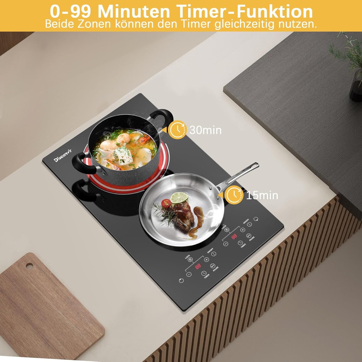 Inductiekookplaat 2 pitten inbouw, keramisch, 3000W, met pauzefunctie, 9 vermogensstanden, aanraakbediening en timer