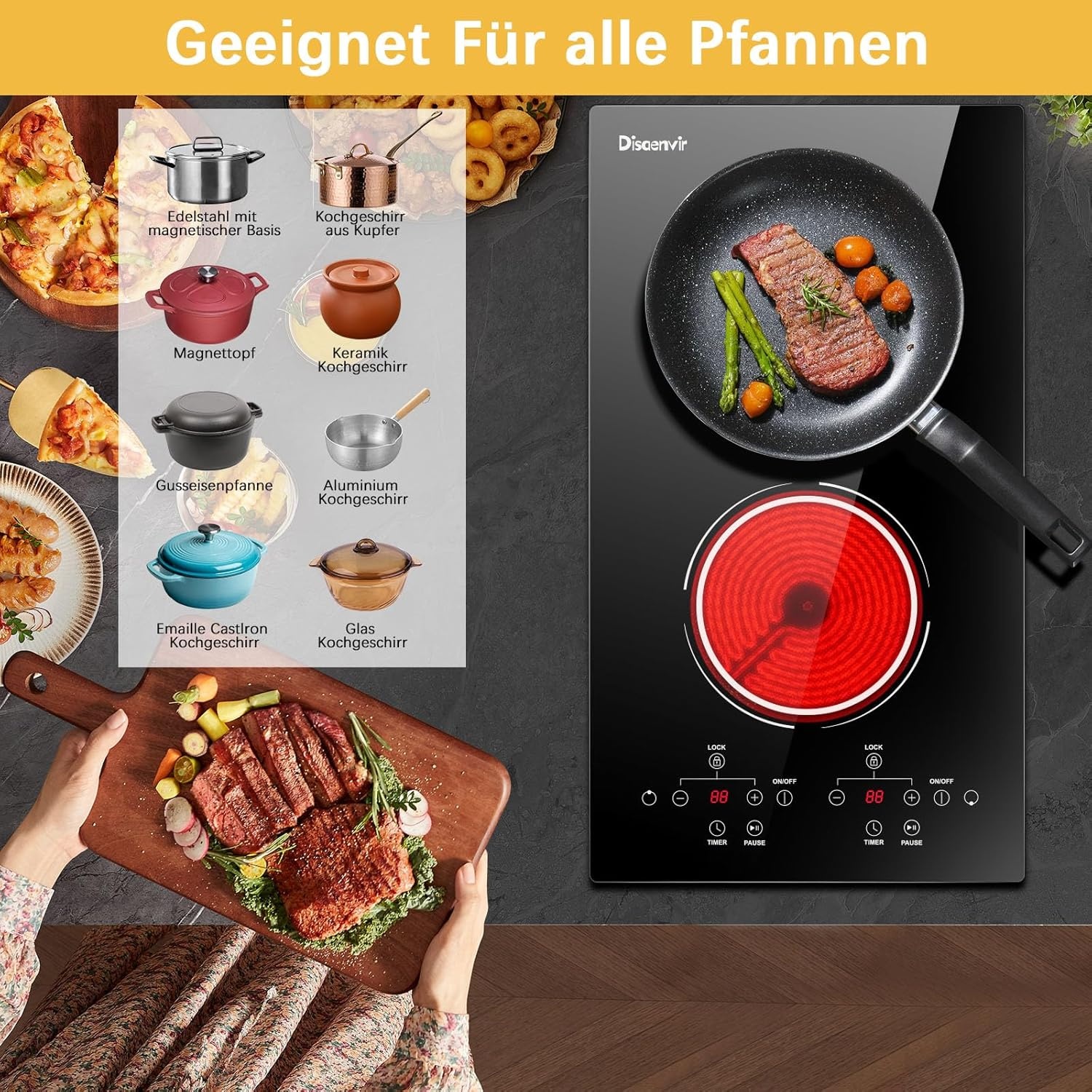 Inductiekookplaat 2 pitten inbouw, keramisch, 3000W, met pauzefunctie, 9 vermogensstanden, aanraakbediening en timer