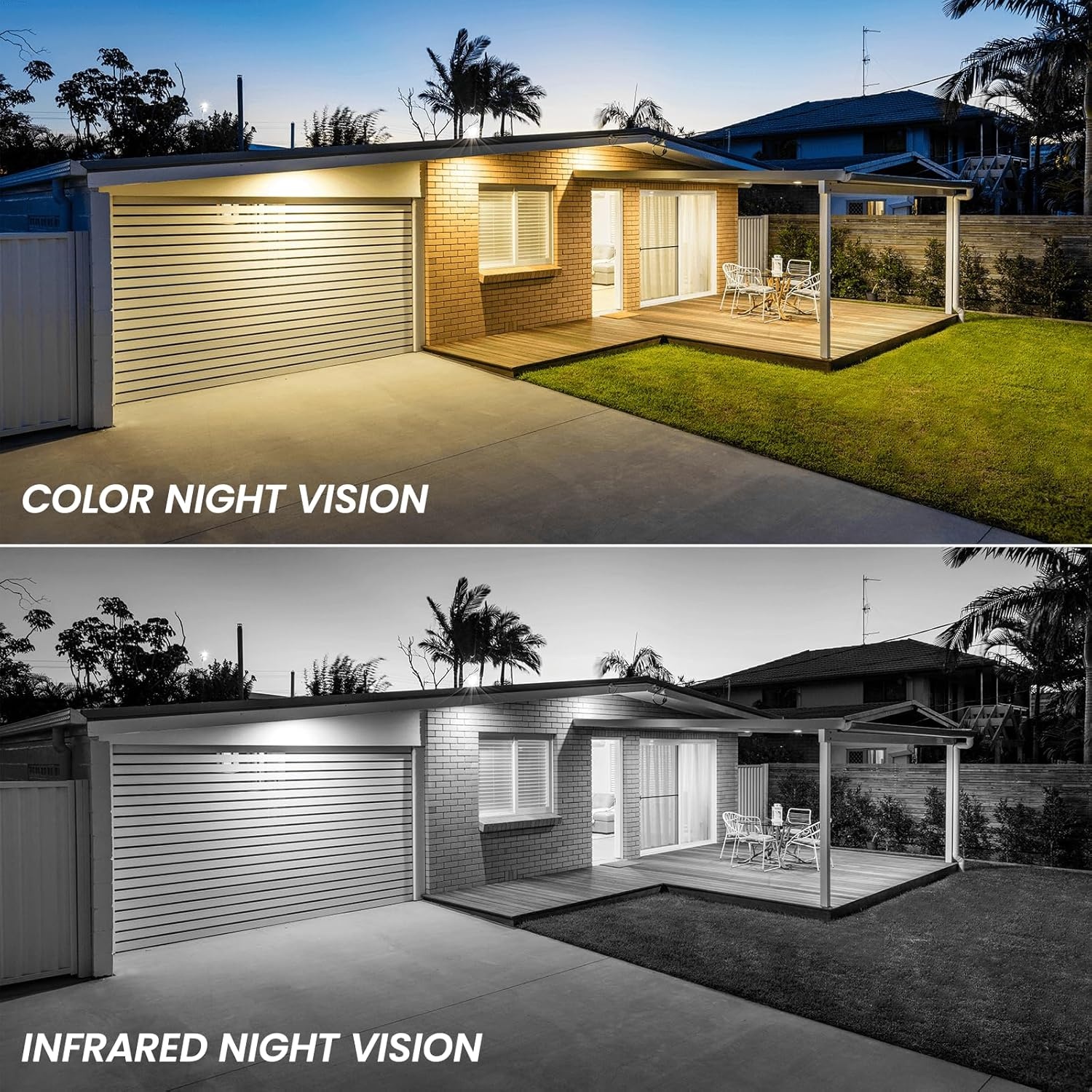 Buitenbewakingscamera solar draadloos 2K, installatievrij, met PIR bewegingsmelder, kleur nachtzicht, IP65 waterdicht, Alexa compatibel, set van 2