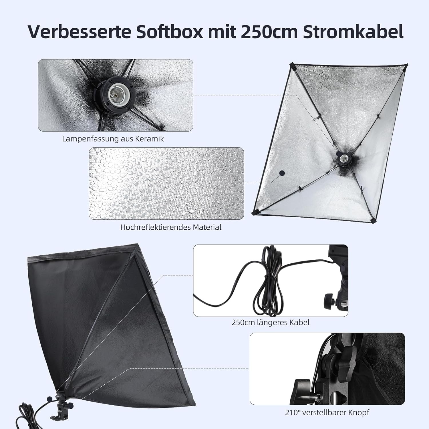 Softbox Studioset 2x 50x70 cm Softboxen, 2x 135W Daglichtlampen 5500K, 2x Lichtstatieven