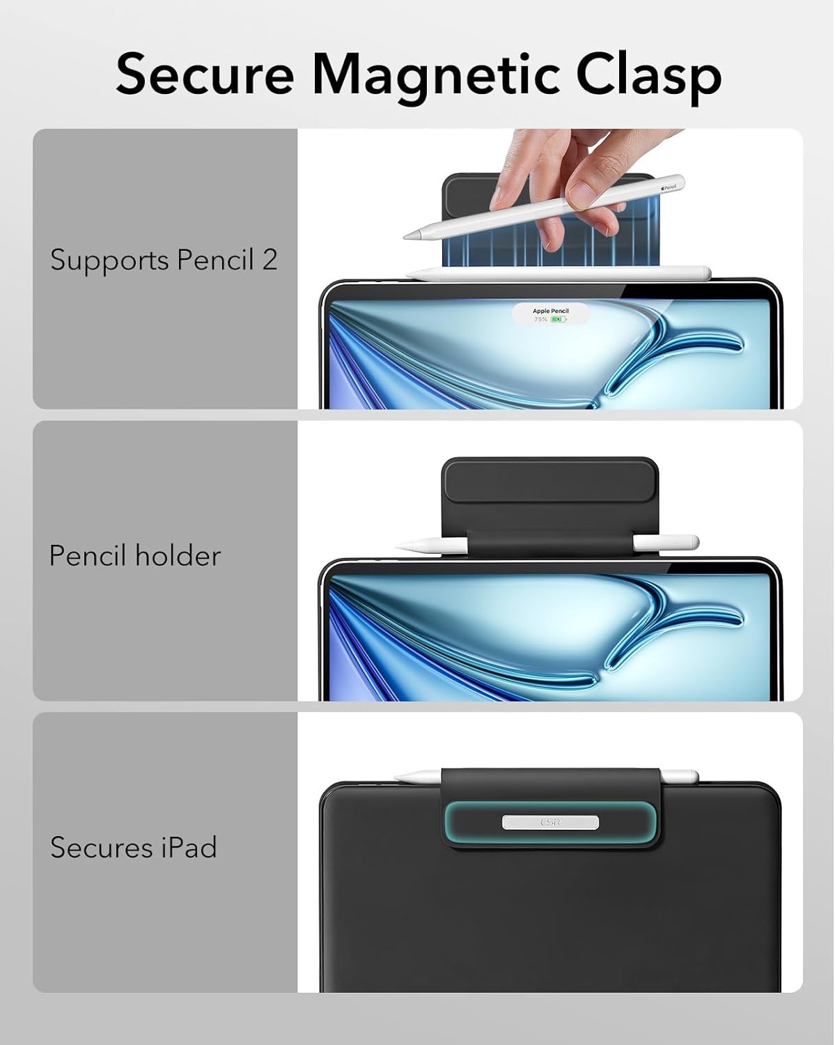 Toetsenbordhoes met zwevend standaard, veerknoppen en multi-touch trackpad voor iPad Air 11 inch (M2 2024), zwart