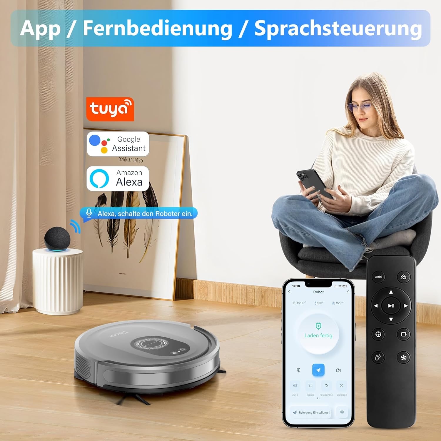 Robotstofzuiger met dweilfunctie 2-in-1, 4500 Pa zuigkracht, zelfopladend, wifi, 150 min accuduur, voor dierenharen, tapijt en harde vloeren