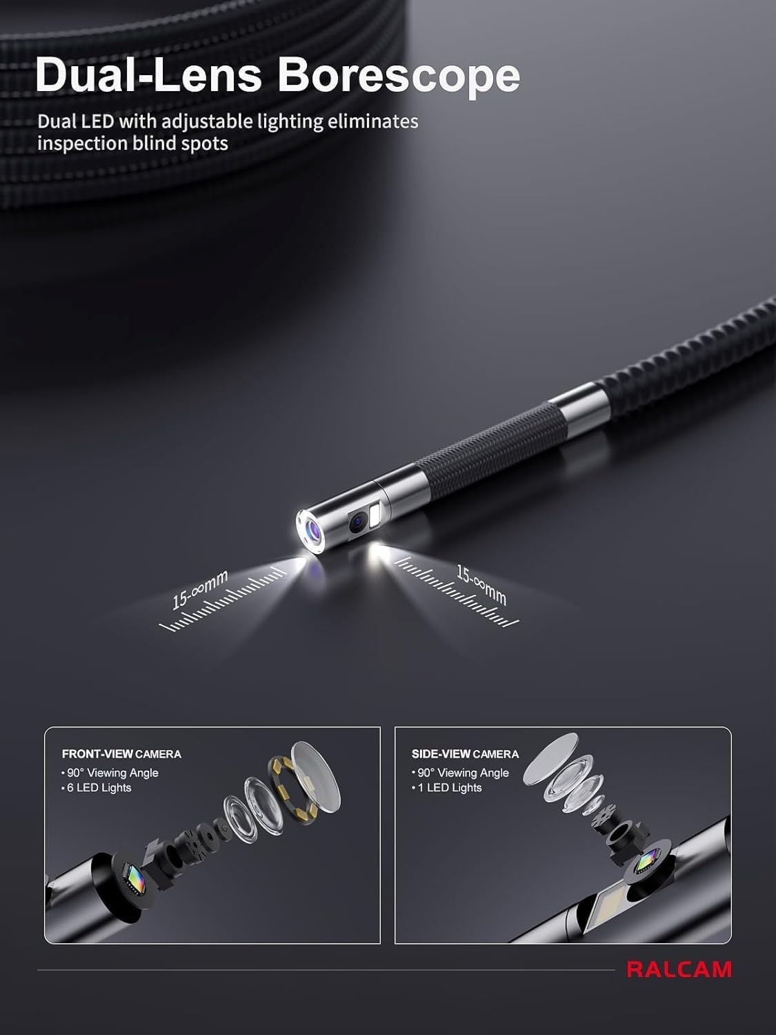 Endoscoop Camera 360° Draaibare Kop, Dubbele Probe 6.5 mm, 5 Inch HD Display, IP67 Waterdichte Kabel 1.5 m