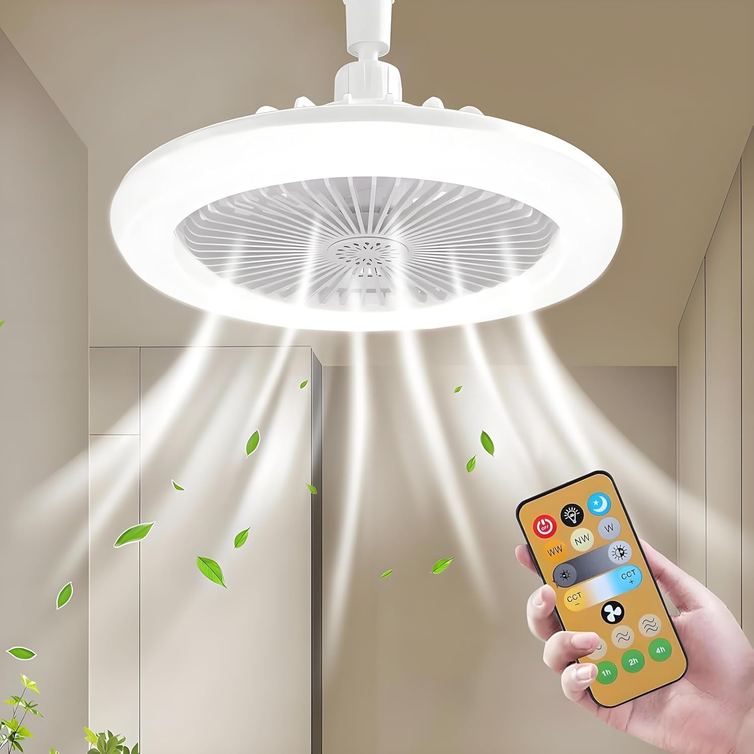 Plafondventilator met LED verlichting, stil, E27, 30W, afstandsbediening, dimbare lichtkleuren, 3 windmodi, gesloten design