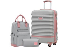 3-Delige Koffer Set Grijs/Roze met Rugzak & Toilettas - 33% Korting