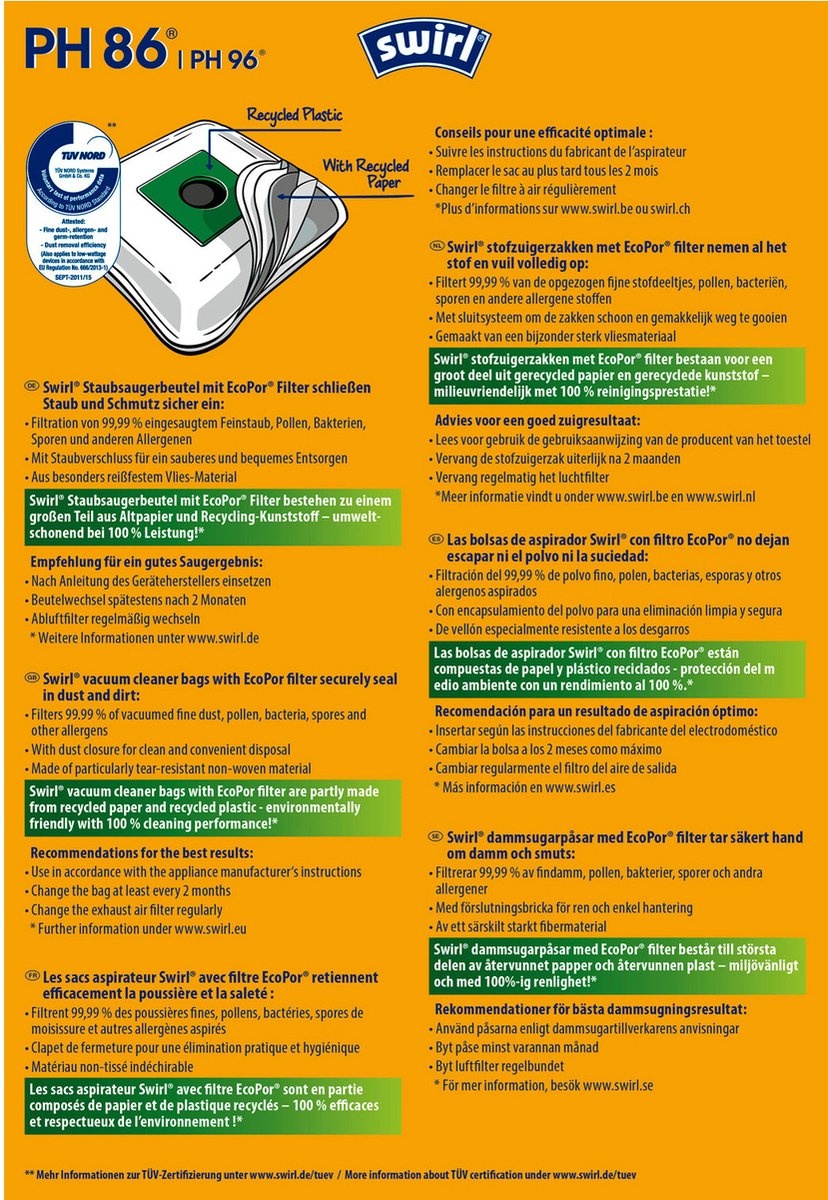 Swirl Stofzuigerzakken PH86/PH96 - 10st + Filters, 60% Korting!