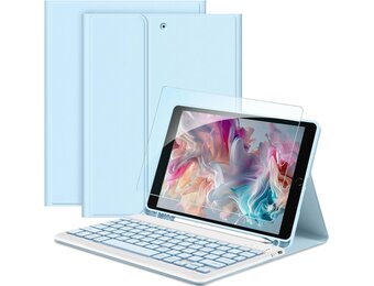 PU Lederen Toetsenbord Hoes QWERTZ 58% Korting - iPad 10.2" Wit IJsblauw
