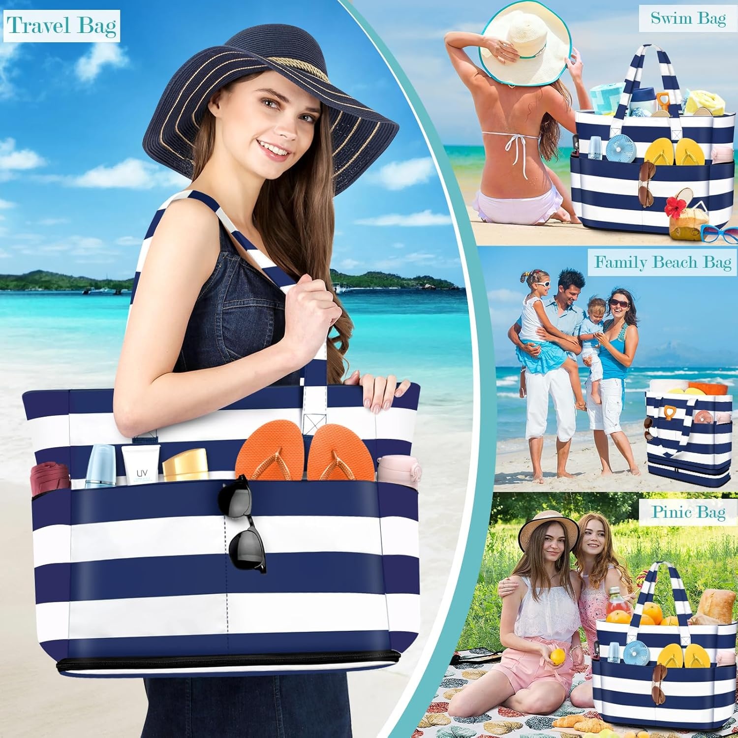 Gestreepte Strandtas 55L Waterdicht met Korting - 58%