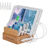 Houten bamboe oplaadstation dockingstation 5-poorts USB-oplader voor telefoons & tablets, incl. 5 kabels