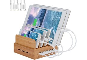 Bamboe Laadstation: 5x USB, Ruimtebesparend & Veilig Laden (-56%)