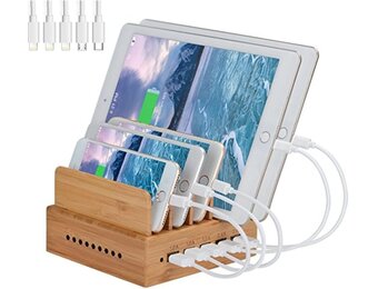 Houten bamboe oplaadstation dockingstation 5-poorts USB-oplader voor telefoons & tablets, incl. 5 kabels