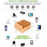 Houten bamboe oplaadstation dockingstation 5-poorts USB-oplader voor telefoons & tablets, incl. 5 kabels