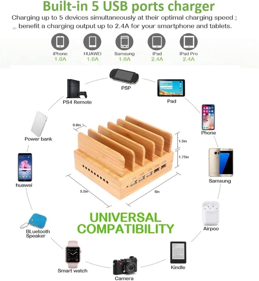 Houten bamboe oplaadstation dockingstation 5-poorts USB-oplader voor telefoons & tablets, incl. 5 kabels