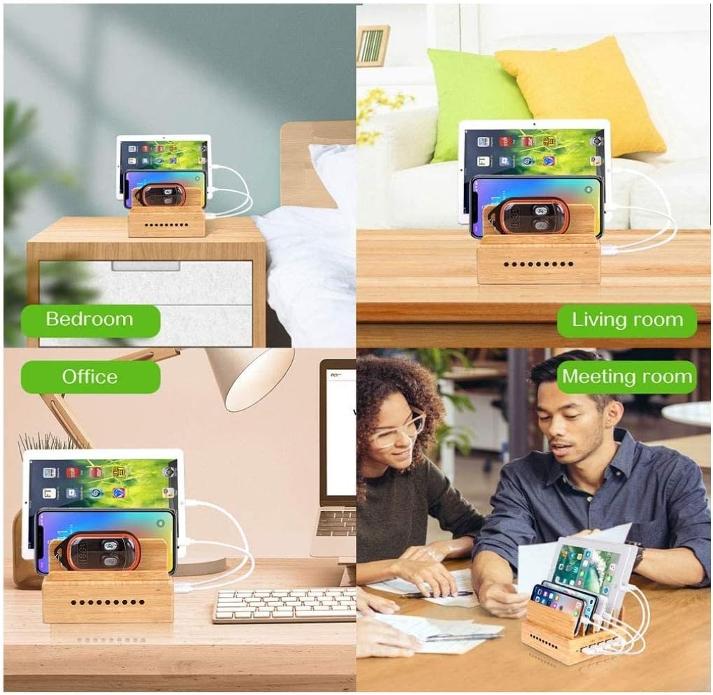 Houten bamboe oplaadstation dockingstation 5-poorts USB-oplader voor telefoons & tablets, incl. 5 kabels