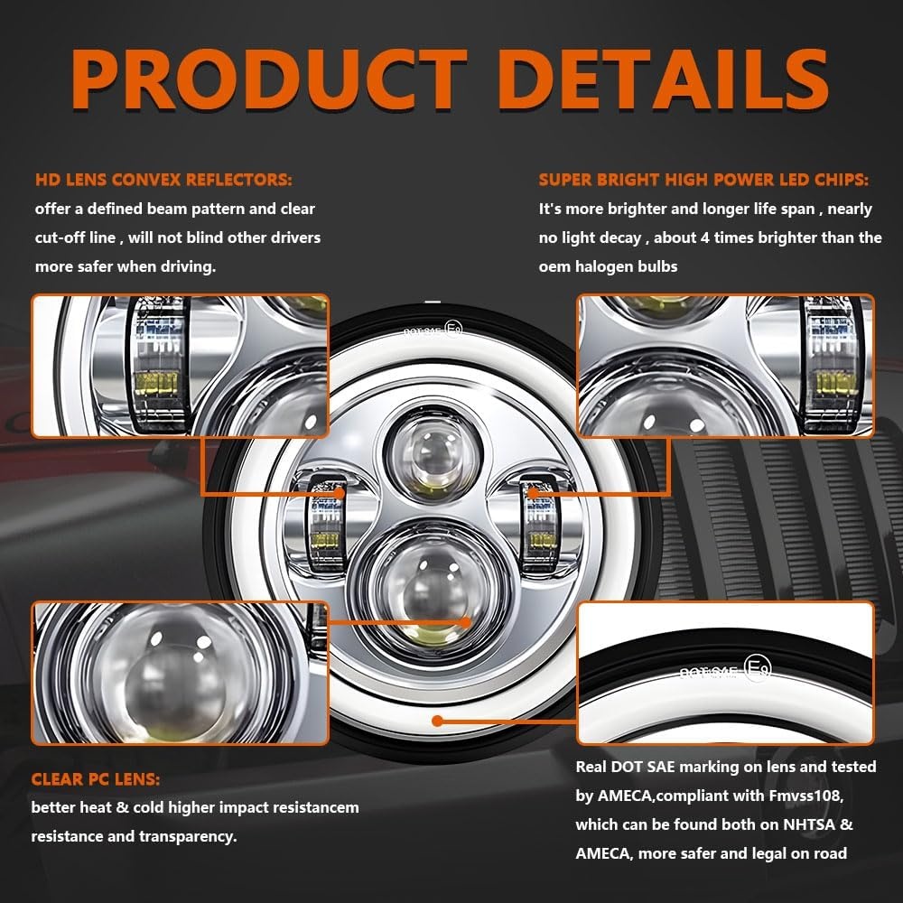 LED Werklamp Paar 7 inch Rond Zwart 100W 10000lm Angel Eyes DRL Dim- & Grootlicht 3000K+6000K 4 Modi Off-road