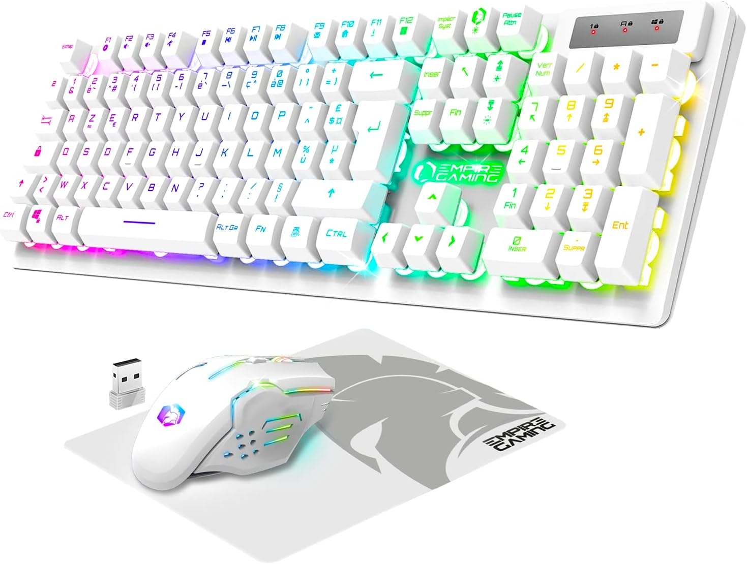 Gaming toetsenbord en muis set draadloos RGB AZERTY wit, inclusief muismat, 4800 DPI muis, oplaadbaar, voor PC PS4 PS5 Xbox Mac