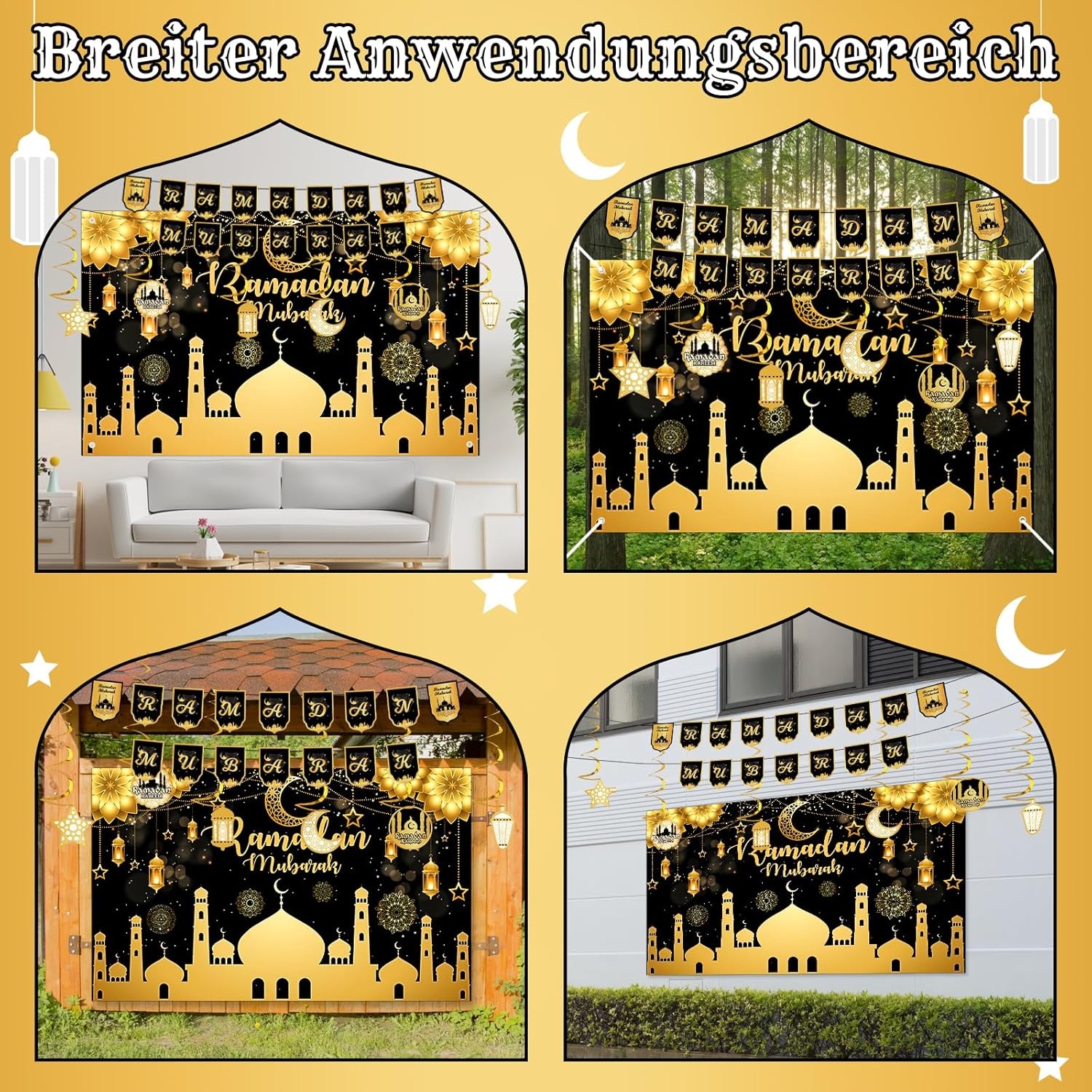 Ramadan Mubarak Banner Zwart Moskee Sterren Maan Polyester Extra Groot