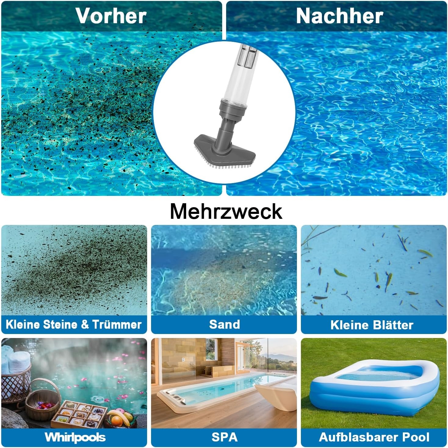 Zwembadzuiger draadloos met accu, 3-in-1, telescoopstang, 90 min looptijd, voor kleine zwembaden, spa's & bubbelbaden, grijs