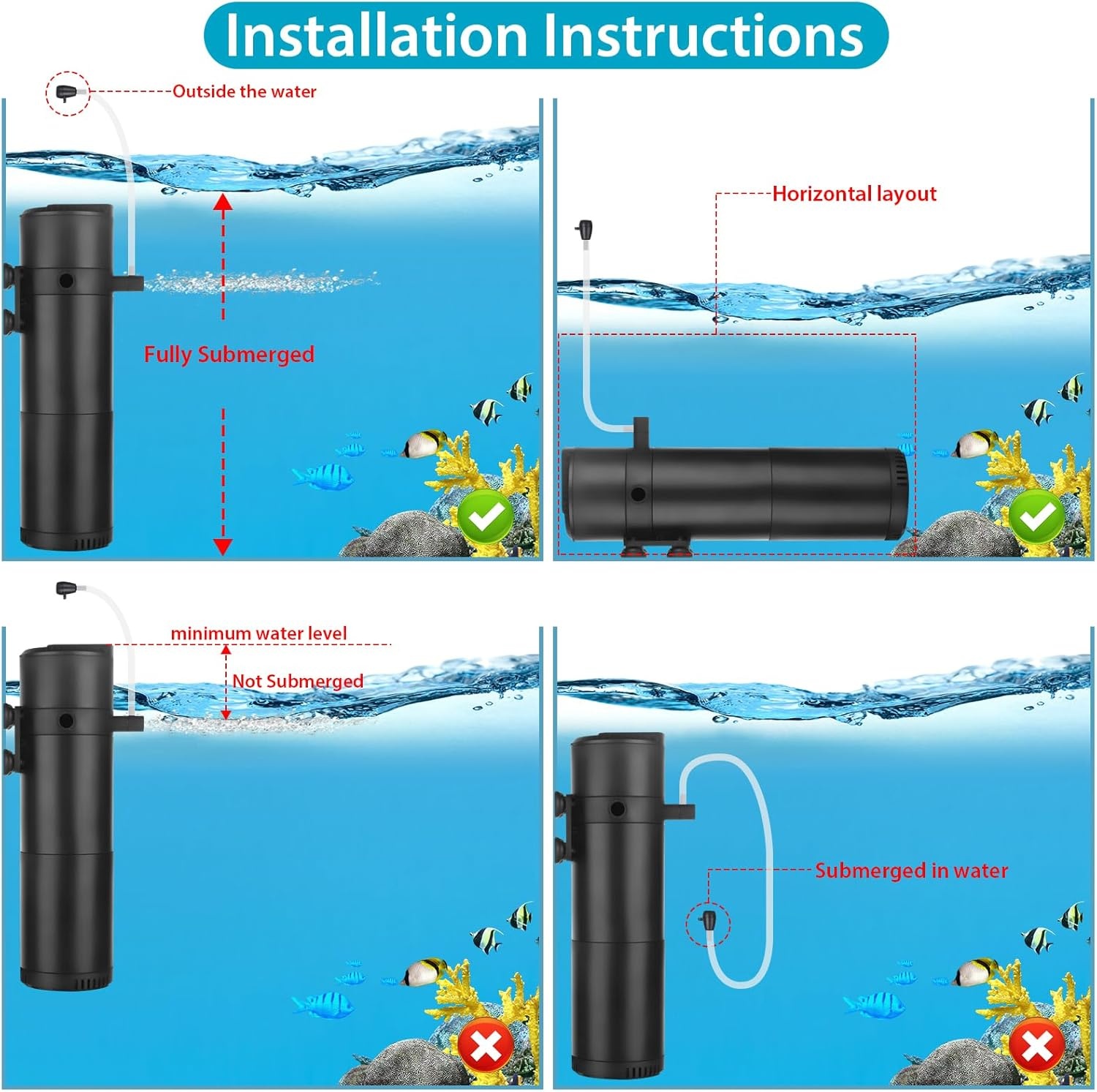 Binnenfilter Aquarium 50-200L, 12W, 800 l/u, Dubbele Uitlaat