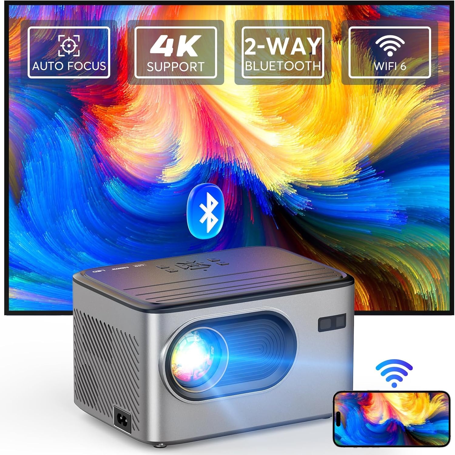 Videoprojector【Auto Focus/Keystone 6D/4P】20.000L Native 1080P overheadprojector, WiFi Bluetooth projector 4K ondersteund, 50%-100% zoom, mini-projector, draagbaar, compatibel met smartphone/tv-stick