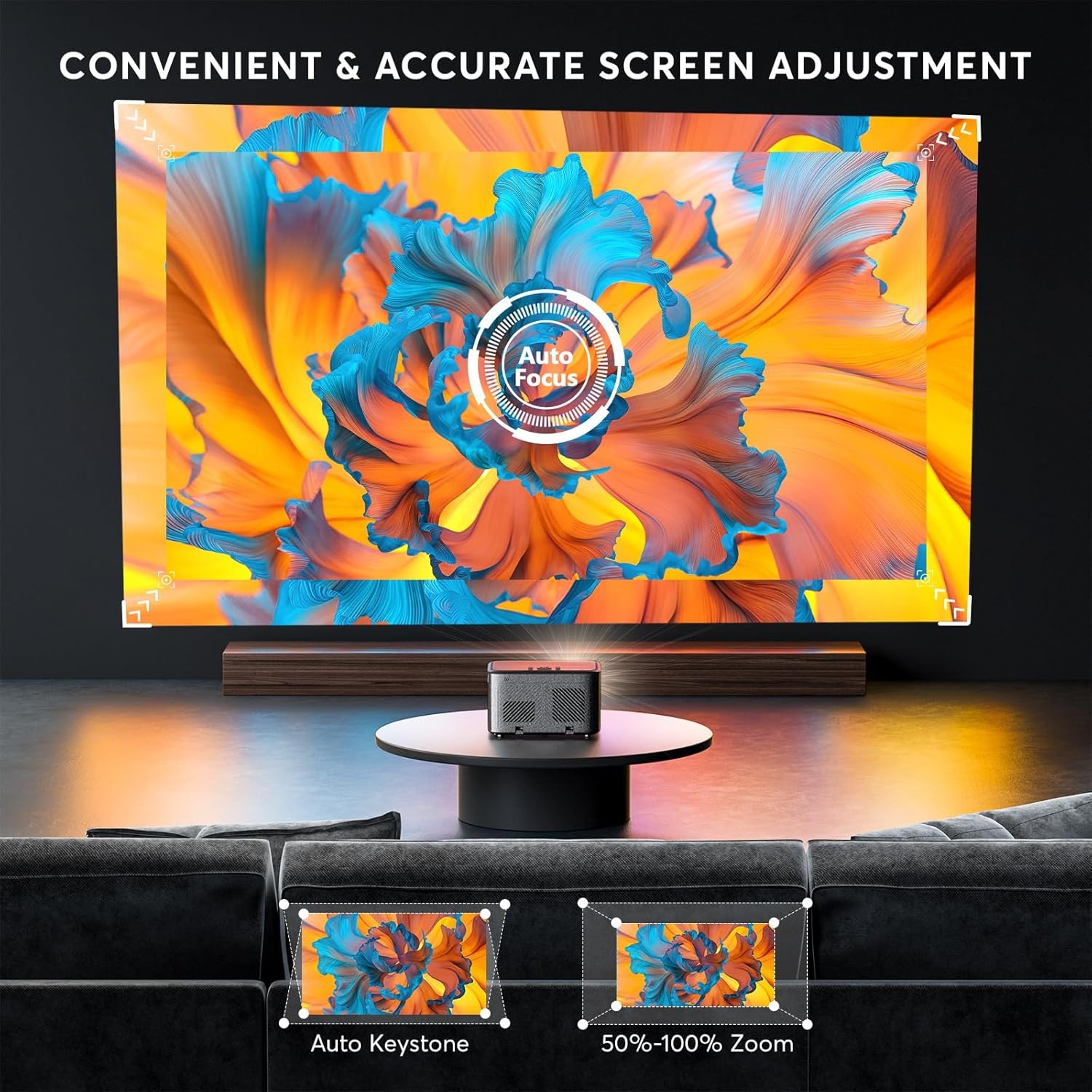 Videoprojector【Auto Focus/Keystone 6D/4P】20.000L Native 1080P overheadprojector, WiFi Bluetooth projector 4K ondersteund, 50%-100% zoom, mini-projector, draagbaar, compatibel met smartphone/tv-stick