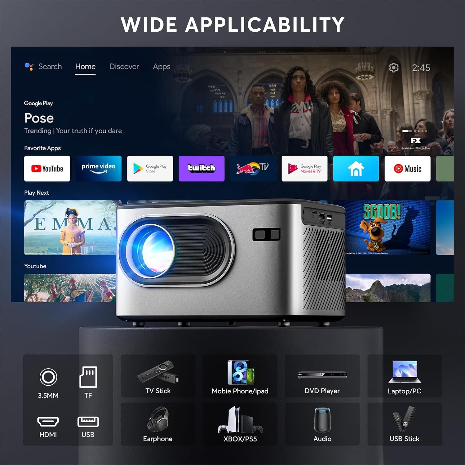 Videoprojector【Auto Focus/Keystone 6D/4P】20.000L Native 1080P overheadprojector, WiFi Bluetooth projector 4K ondersteund, 50%-100% zoom, mini-projector, draagbaar, compatibel met smartphone/tv-stick