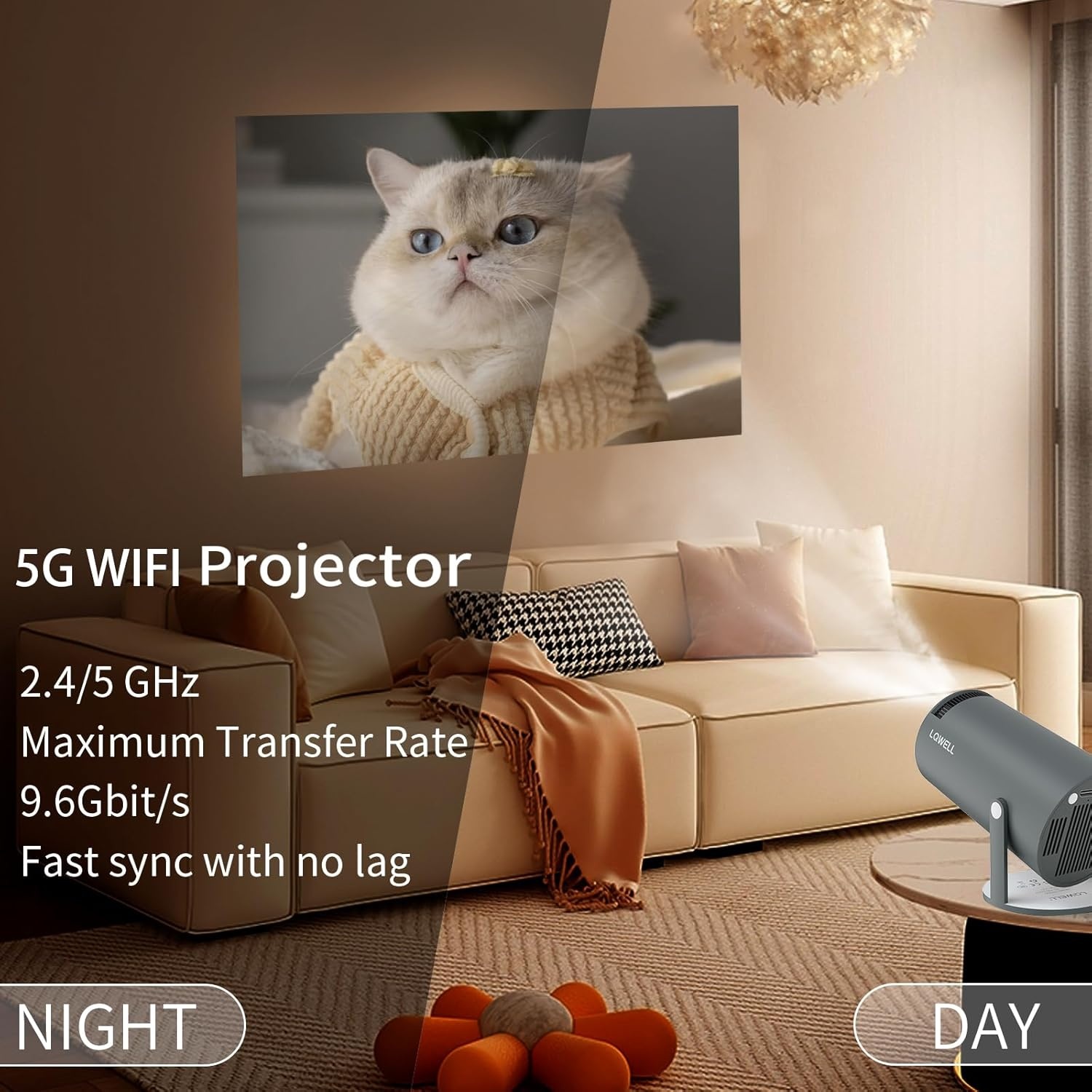 LQWELL®-Projector, Miniprojector, Ondersteunt WiFi 5G, BT5.0 Met Android 11.0 OS, Automatische Keystone, 220 Graden Hoek Voor Telefoon/Pc/Computer, HDMI, Grijs
