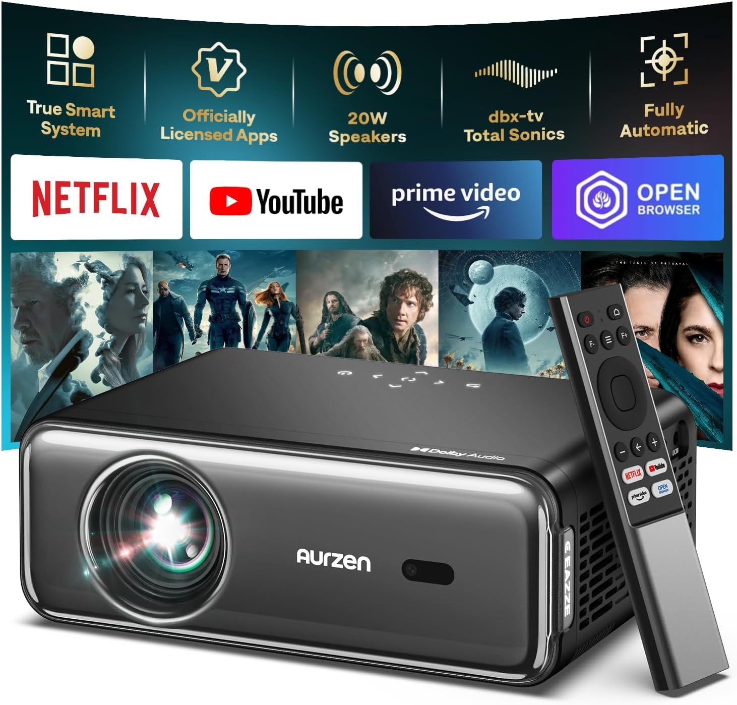 Aurzen EAZZE D1 Pro Smart Projector - Full HD 1080P, 4K Ondersteuning, Dolby Audio, Officiële Netflix