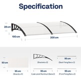 Gebogen Luifel Tweedelig Polycarbonaat Transparant 200x100 cm met Zwarte beugel voor deur of raam - Zon- en regenbescherming