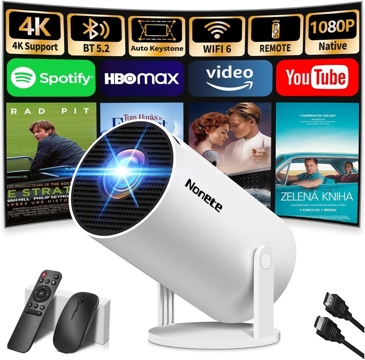 Mini Projector met Wifi 6, Bluetooth 5.0 en Android Systeem - 720P HD, Automatische Keystone Correctie