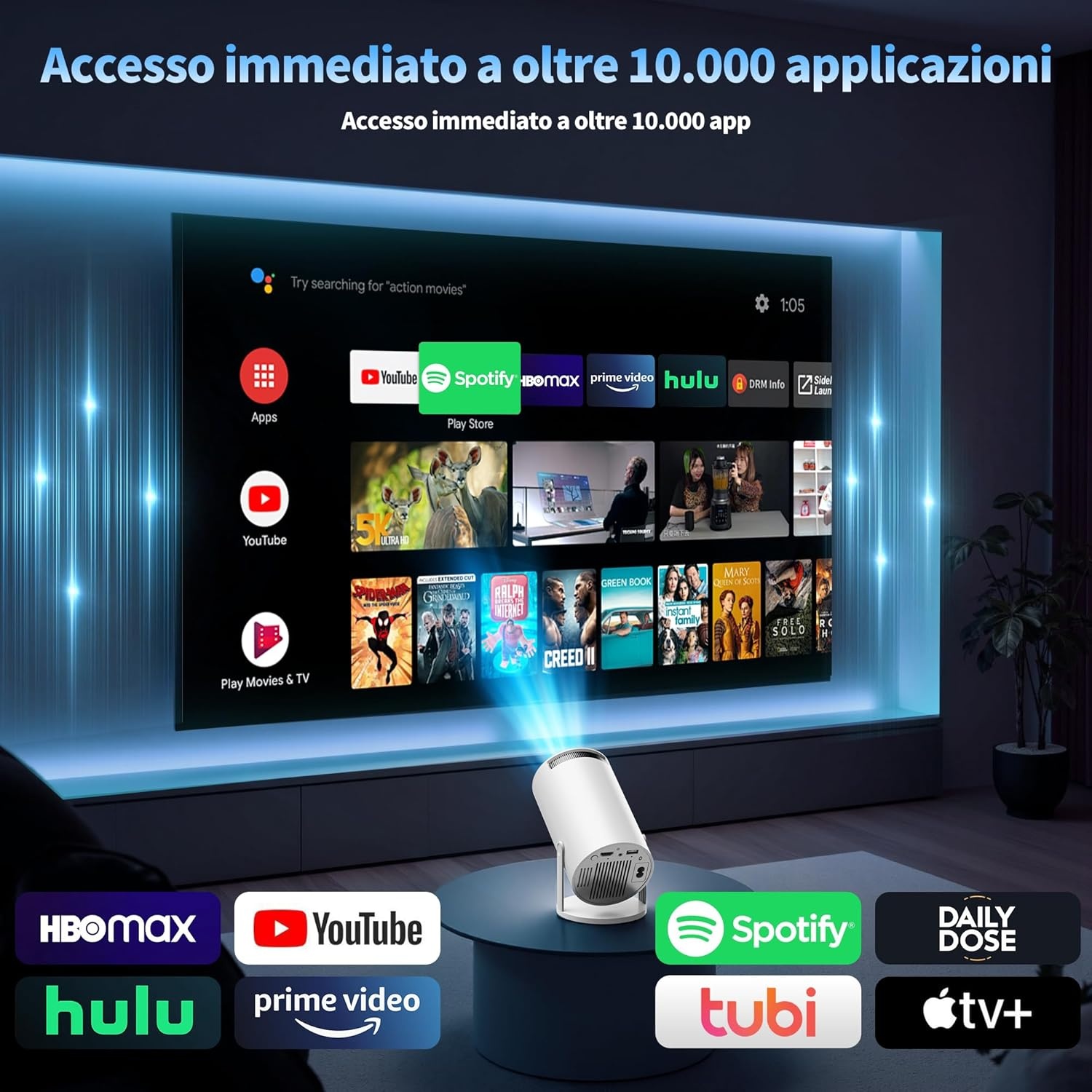 Mini Projector met Wifi 6, Bluetooth 5.0 en Android Systeem - 720P HD, Automatische Keystone Correctie