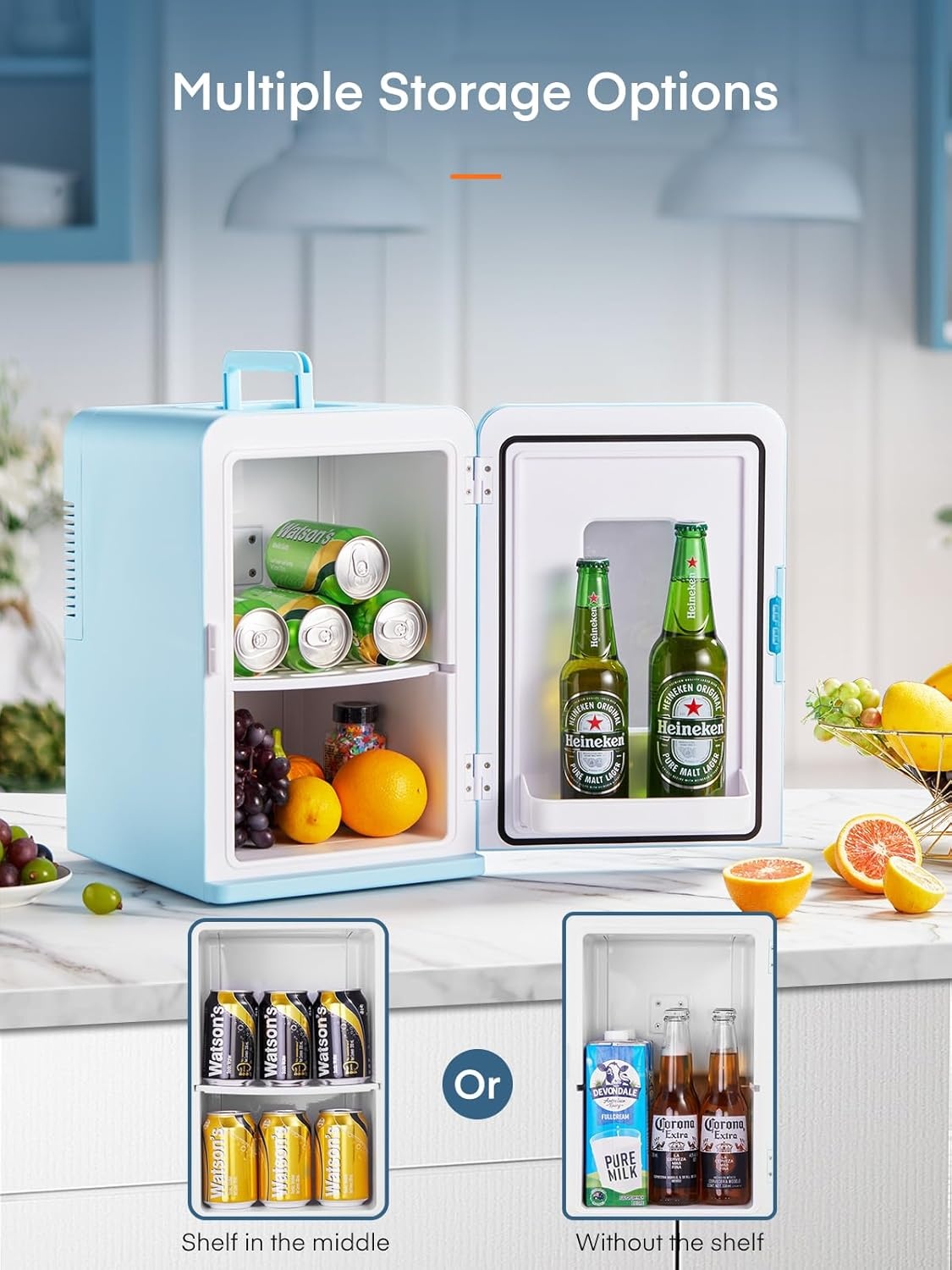 Minikoelkast 15L met koel- en verwarmingsfunctie (2-in-1) voor auto, kantoor, slaapkamer, cosmetica & dranken, DC/AC, stil, blauw