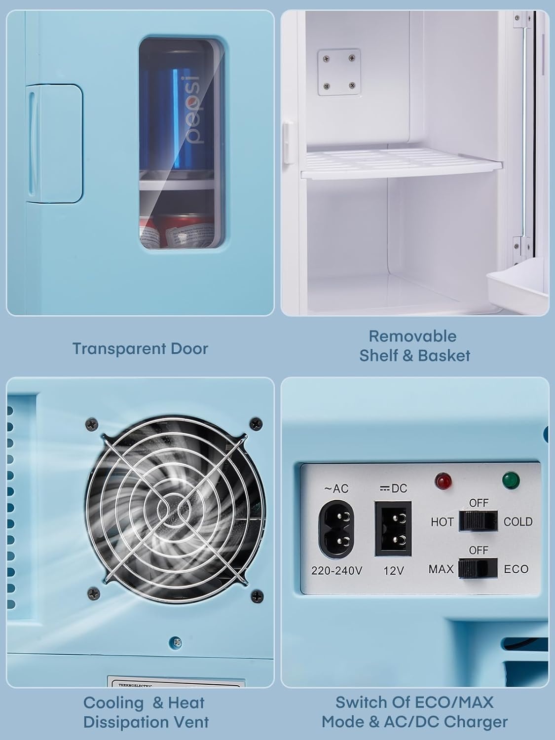 Minikoelkast 15L met koel- en verwarmingsfunctie (2-in-1) voor auto, kantoor, slaapkamer, cosmetica & dranken, DC/AC, stil, blauw