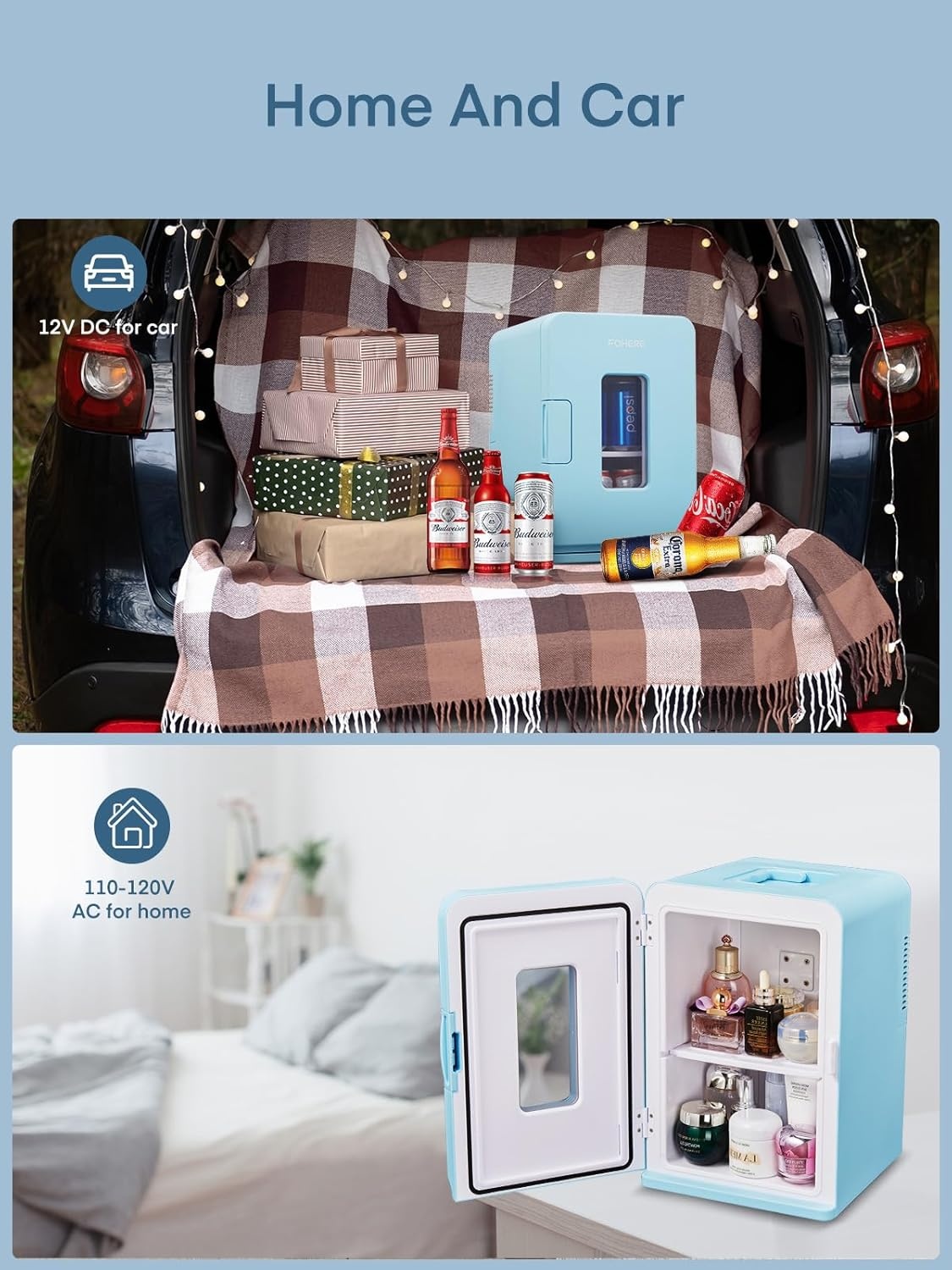 Minikoelkast 15L met koel- en verwarmingsfunctie (2-in-1) voor auto, kantoor, slaapkamer, cosmetica & dranken, DC/AC, stil, blauw