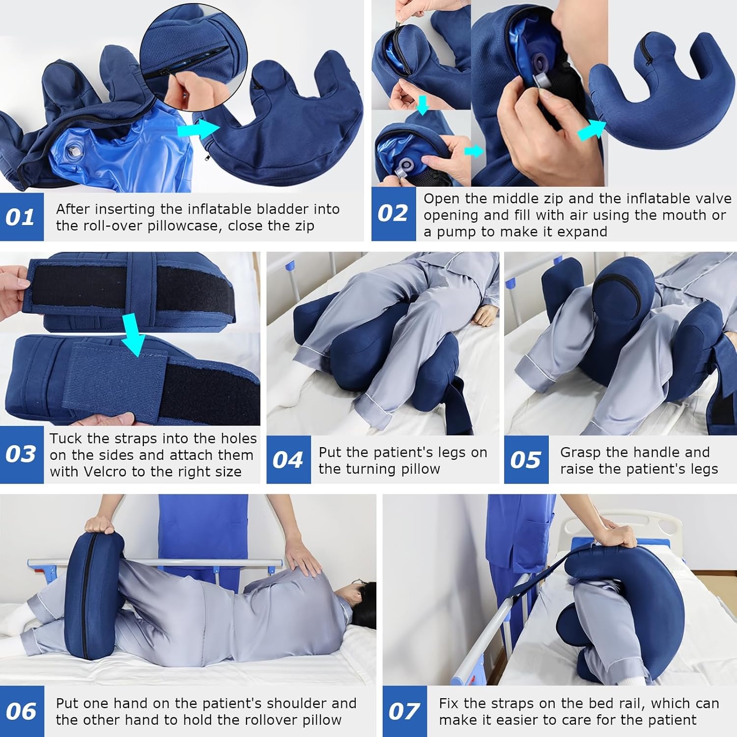 Anti-decubitus opblaasbaar U-vormig draaikussen voor ouderen en verlamde patiënten, 40x50x13 cm, donkerblauw